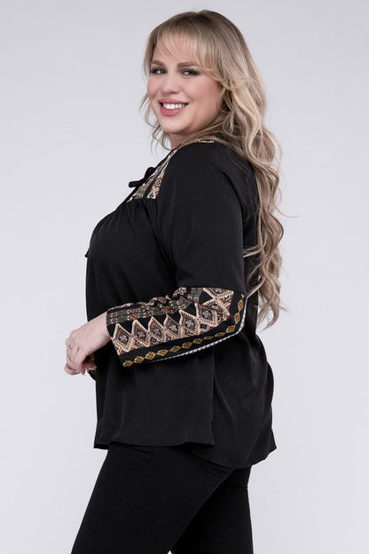 NUVI APPAREL Black Plus-size Tie Neck Patchwork Blouse