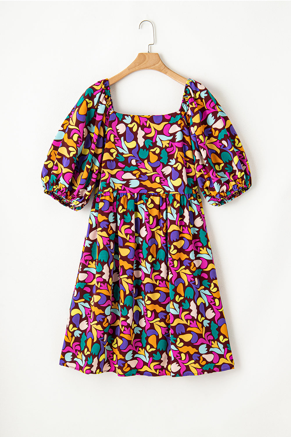 Purple Plus Size Printed Puff Sleeve Short Flare Dress