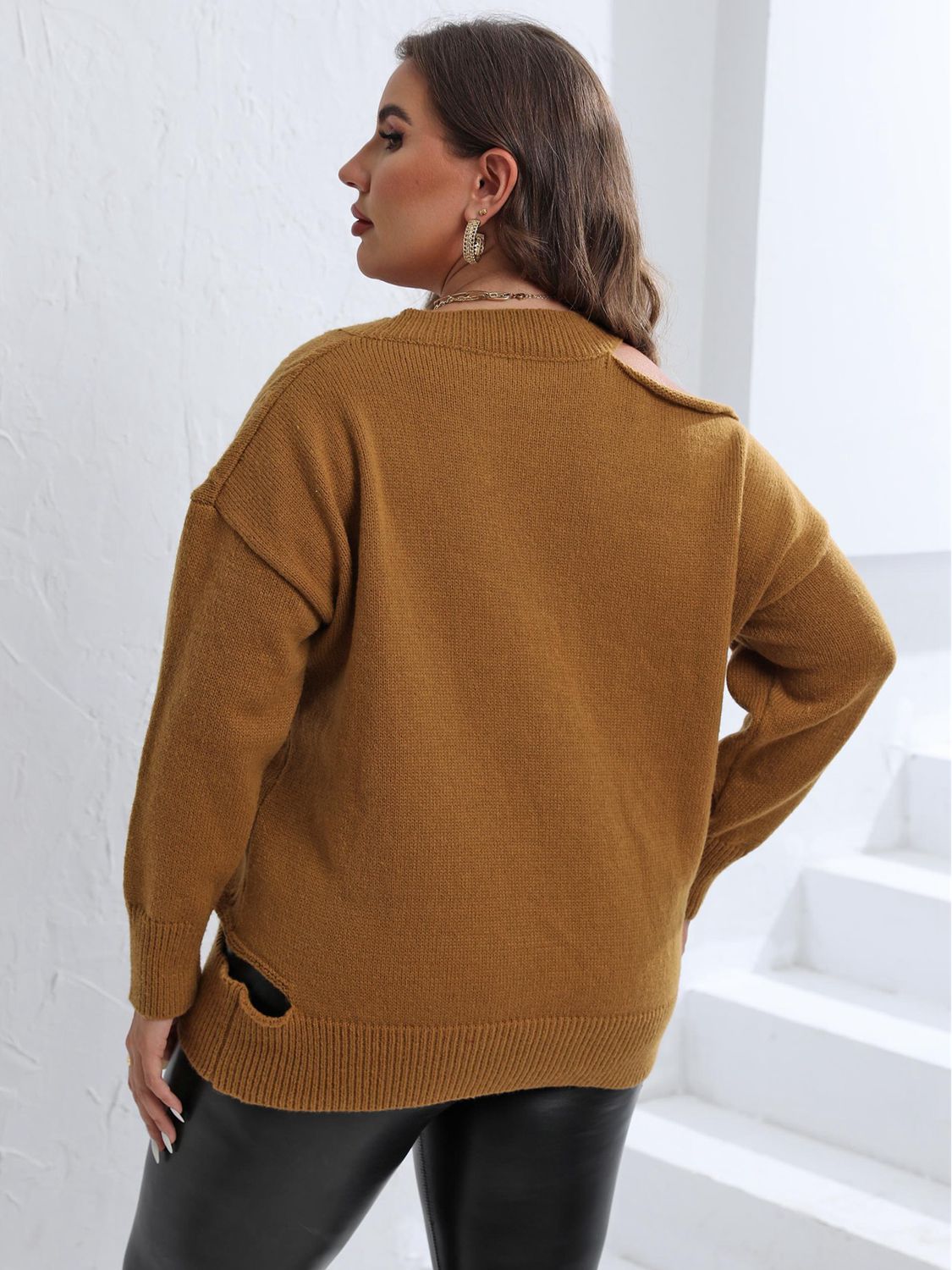 Plus Size Cutout V-Neck Knitted Sweater