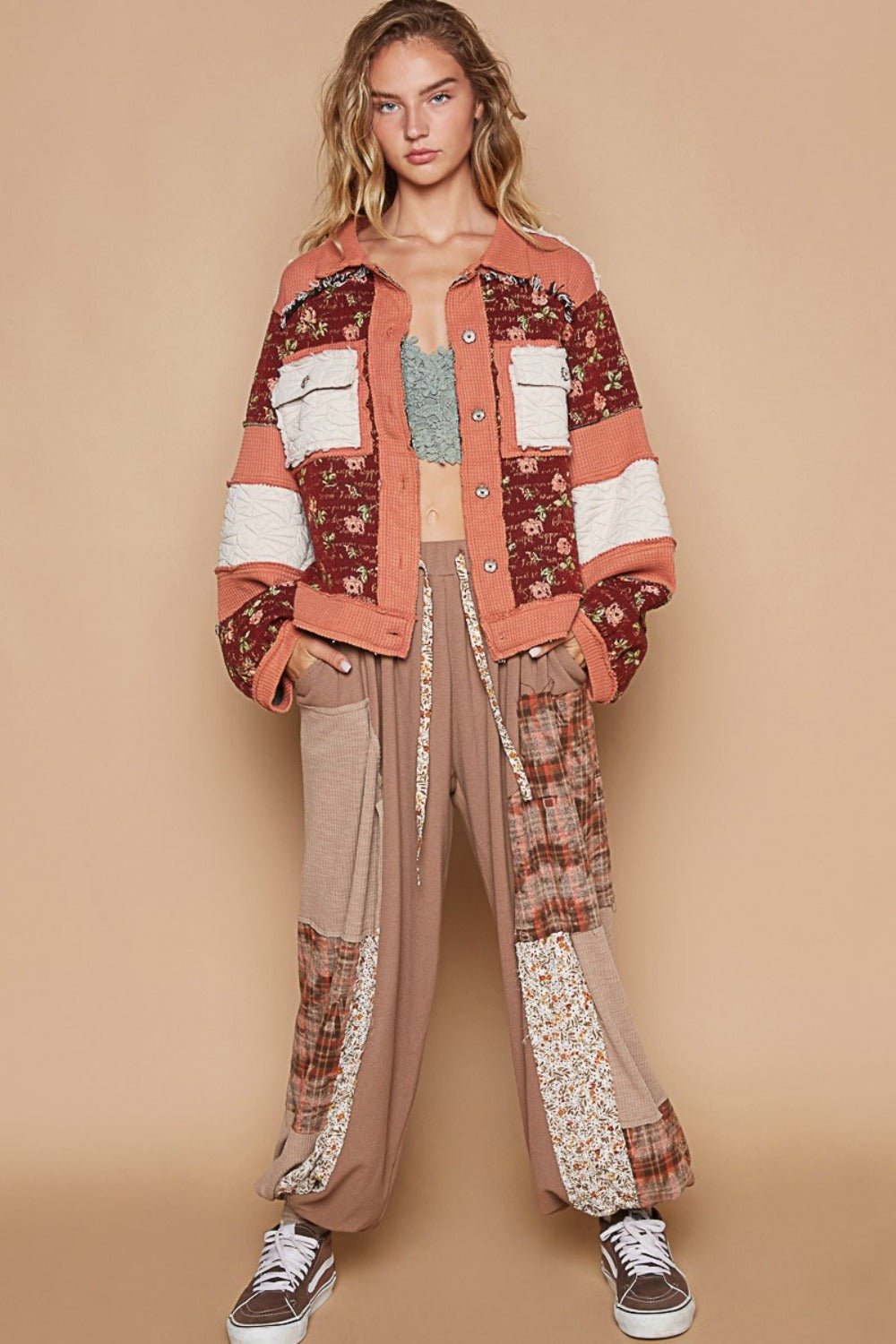 POL Washed Jacquard Color Block Shacket