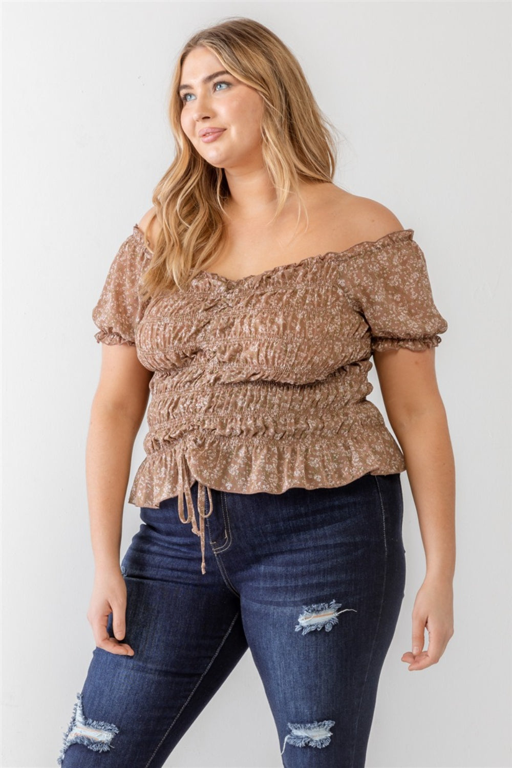 ZENOBIA Plus Size Frill Ruched Off-Shoulder Short Sleeve Blouse