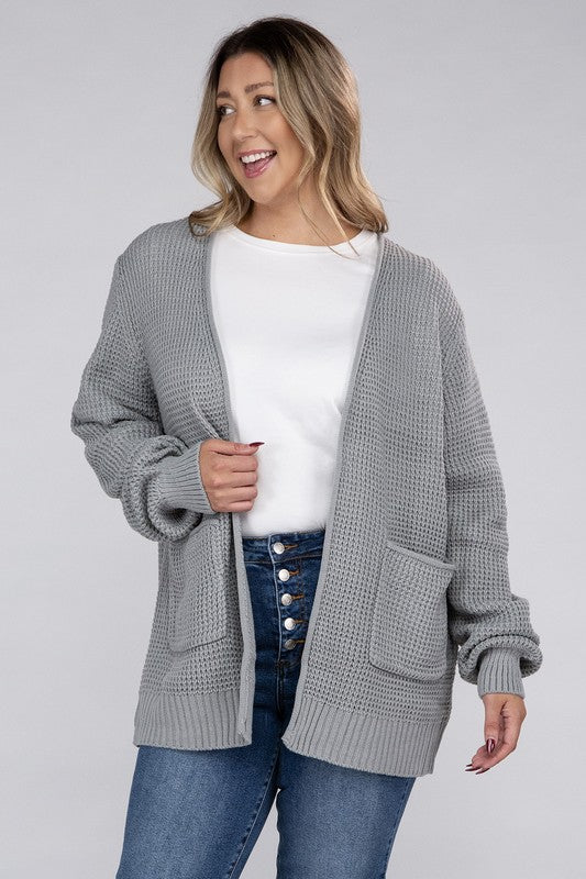 ZENANA Plus Low Gauge Waffle Open Cardigan Sweater