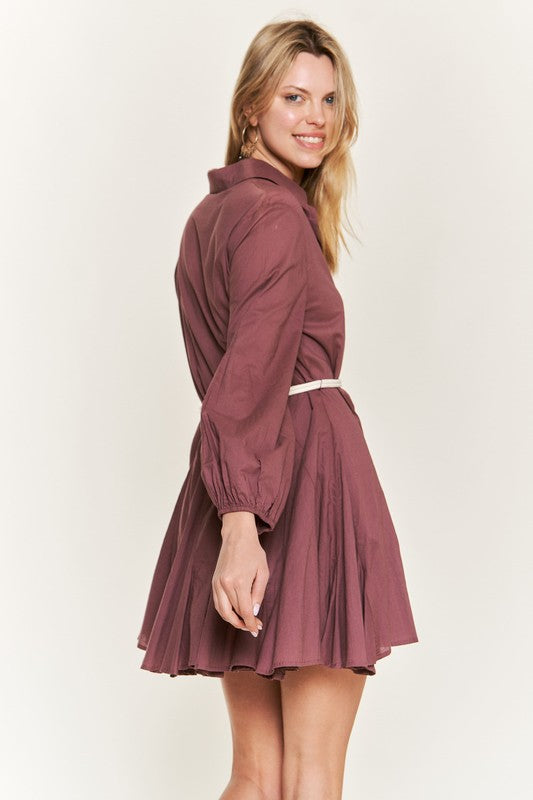 JADE by JANE Mini Flare Long Sleeve Shirt Dress with a Belt