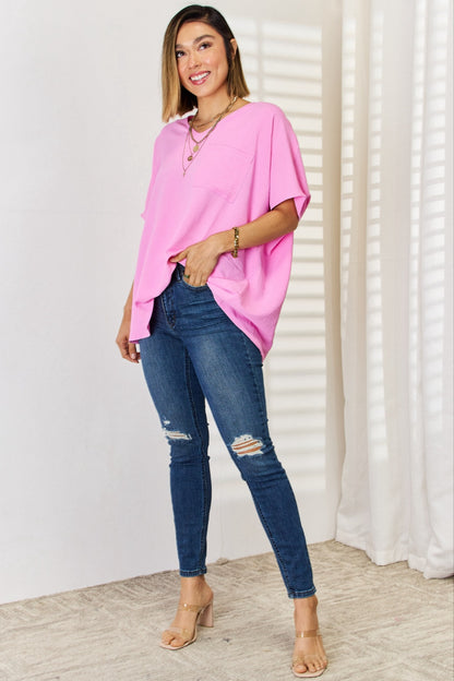 ZENANA Candy Pink Textured Casual Short Sleeve Top