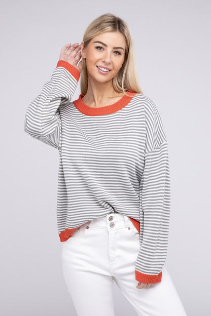 NUVI APPAREL Autumn Contrast Trimmed Striped Pullover Sweater