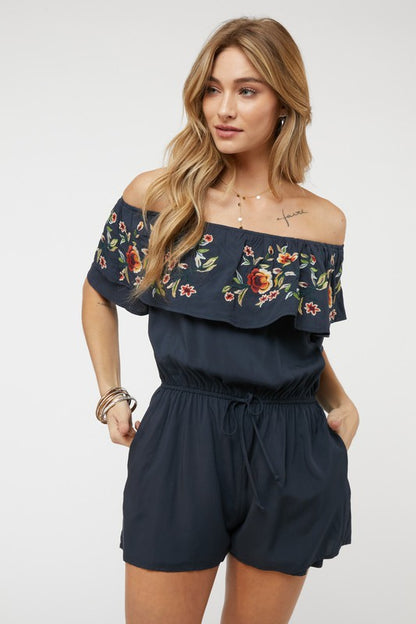 DAVI & DANI Floral Embroidered Off Shoulder Romper