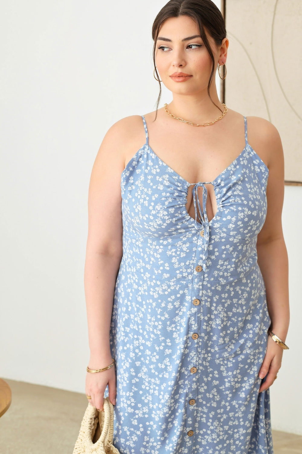 ZENOBIA Plus Size Cutout Floral Spaghetti Strap Dress