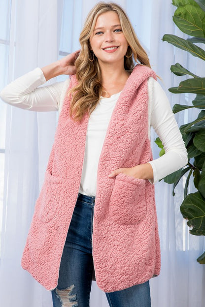 E LUNA Long Faux Fur Sherpa Fleece Vest