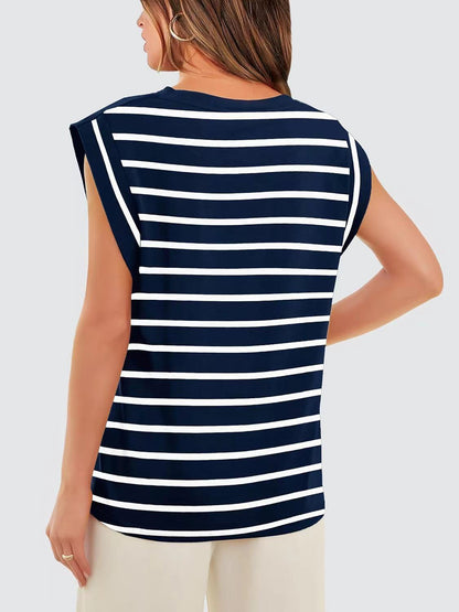 Striped Round Neck Cap Sleeve Sweater Top