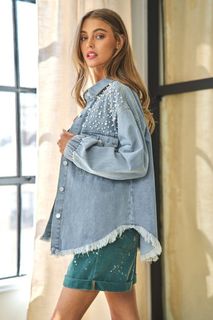 ANNVA USA Button Down Denim Jacket with Pearl Detail