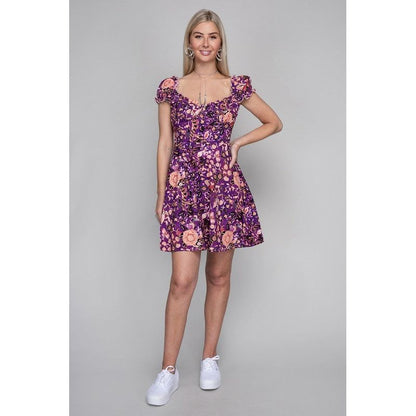 NUVI APPAREL Purple Floral Print Puff Sleeve Dress