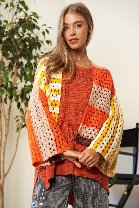 Davi & Dani Women's Yellow-Orange Openwork Open Front Crochet Striped Cardigan