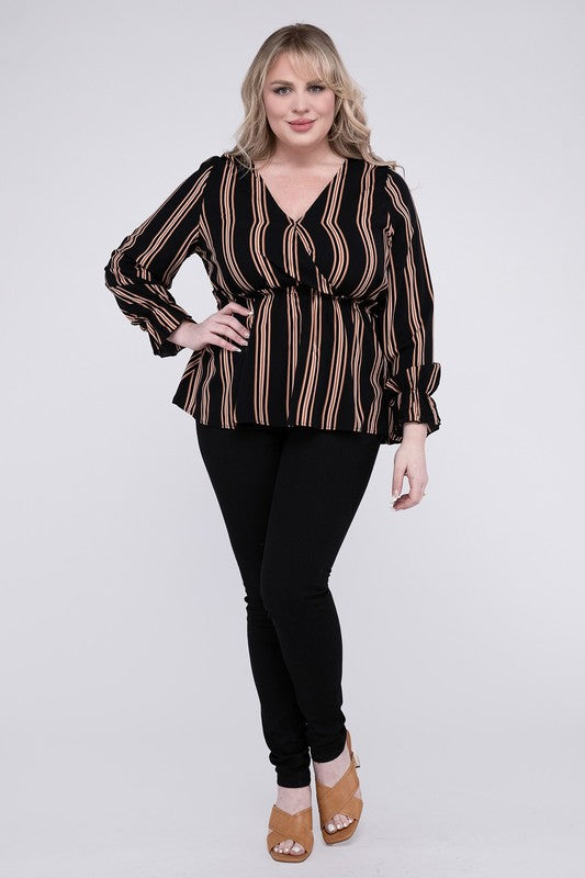 NUVI APPAREL Plus-size Striped Top with Ruffled Hem