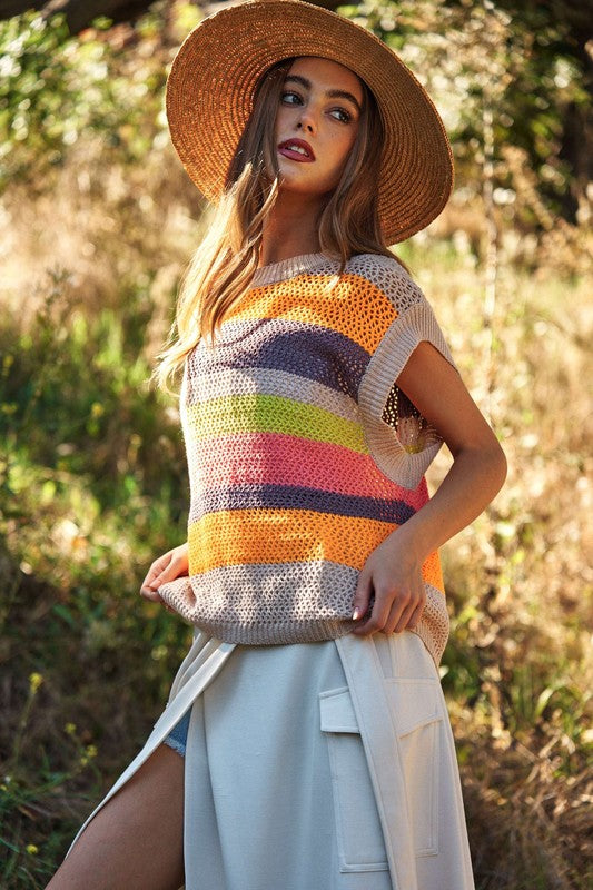 DAVI & DANI Crochet Multi Striped Pullover Knit Sweater Vest