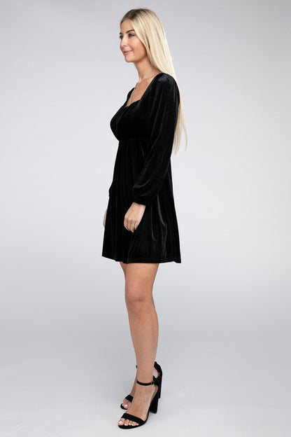 NUVI APPAREL Black Square Collar High Waist Mini Velvet Dress