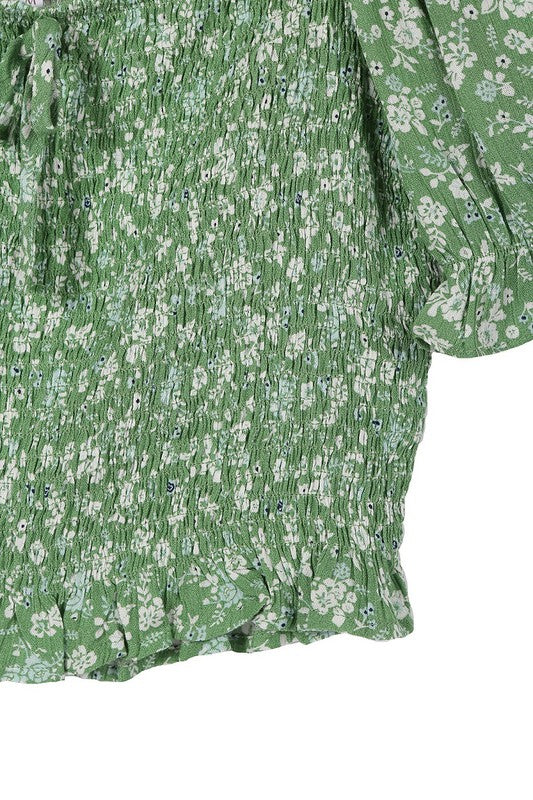 LILOU Green Floral Puffed-sleeves Smocked Top