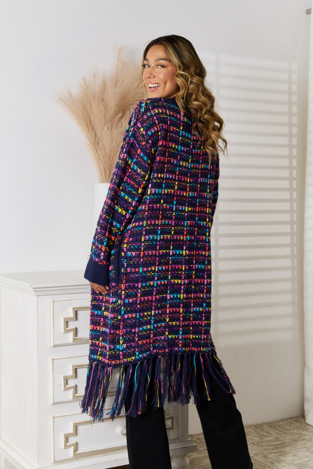 Multi-color Fringe Hem Open Front Autumn Cardigan with Tassell