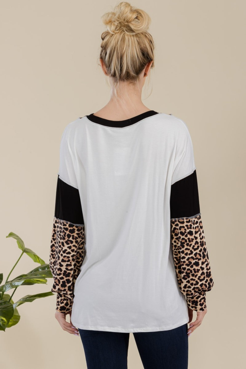 CELESTE Full Size Leopard Color Block Exposed Seam T-Shirt