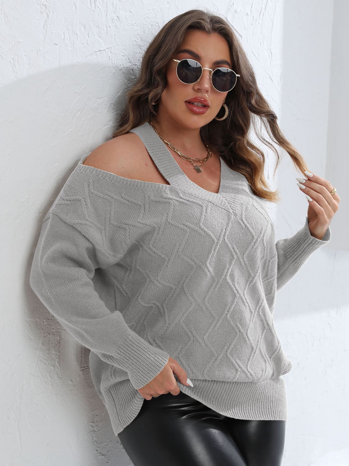 Plus Size Cutout V-Neck Knitted Sweater