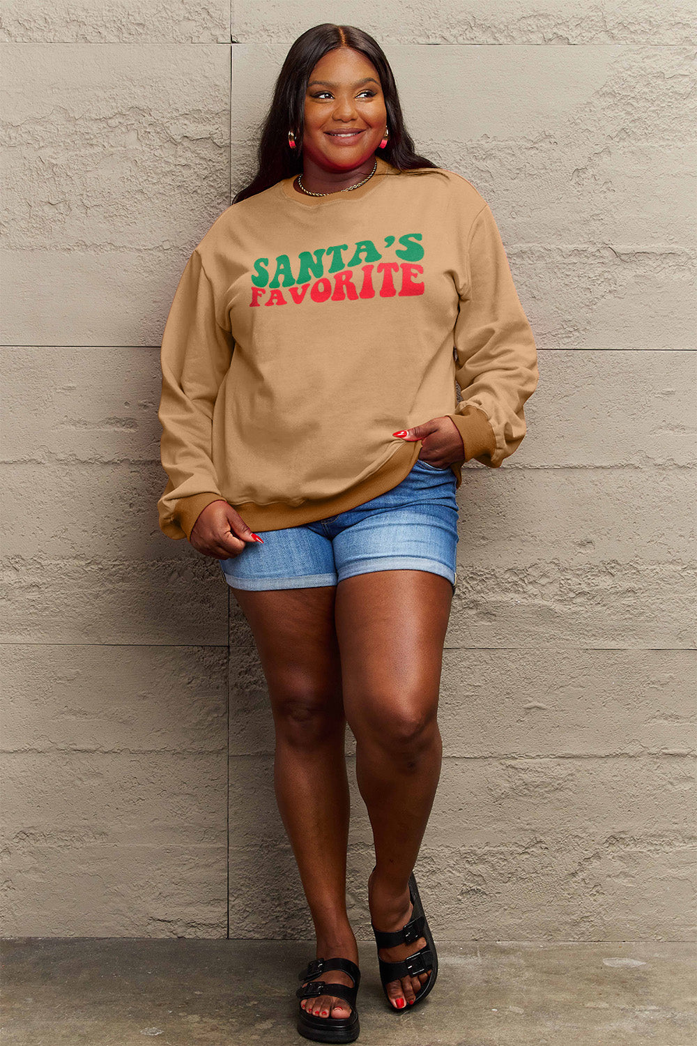 SIMPLY LOVE Full Size "SANTA'S FAVORITE" Round Neck Sweatshirt