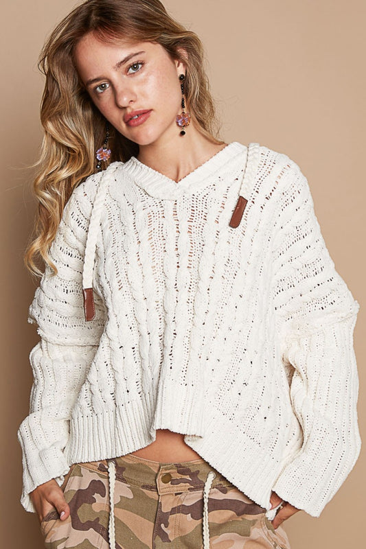 POL Cream Rib Weave Sleeves Hooded Cable Knit Sweater