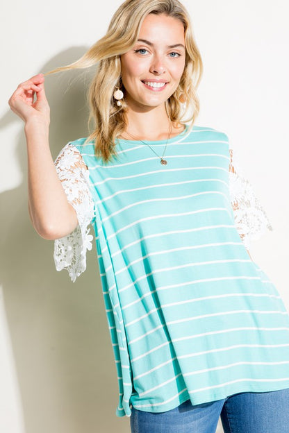 E LUNA Striped Jersey with White Laced Sleeve Top