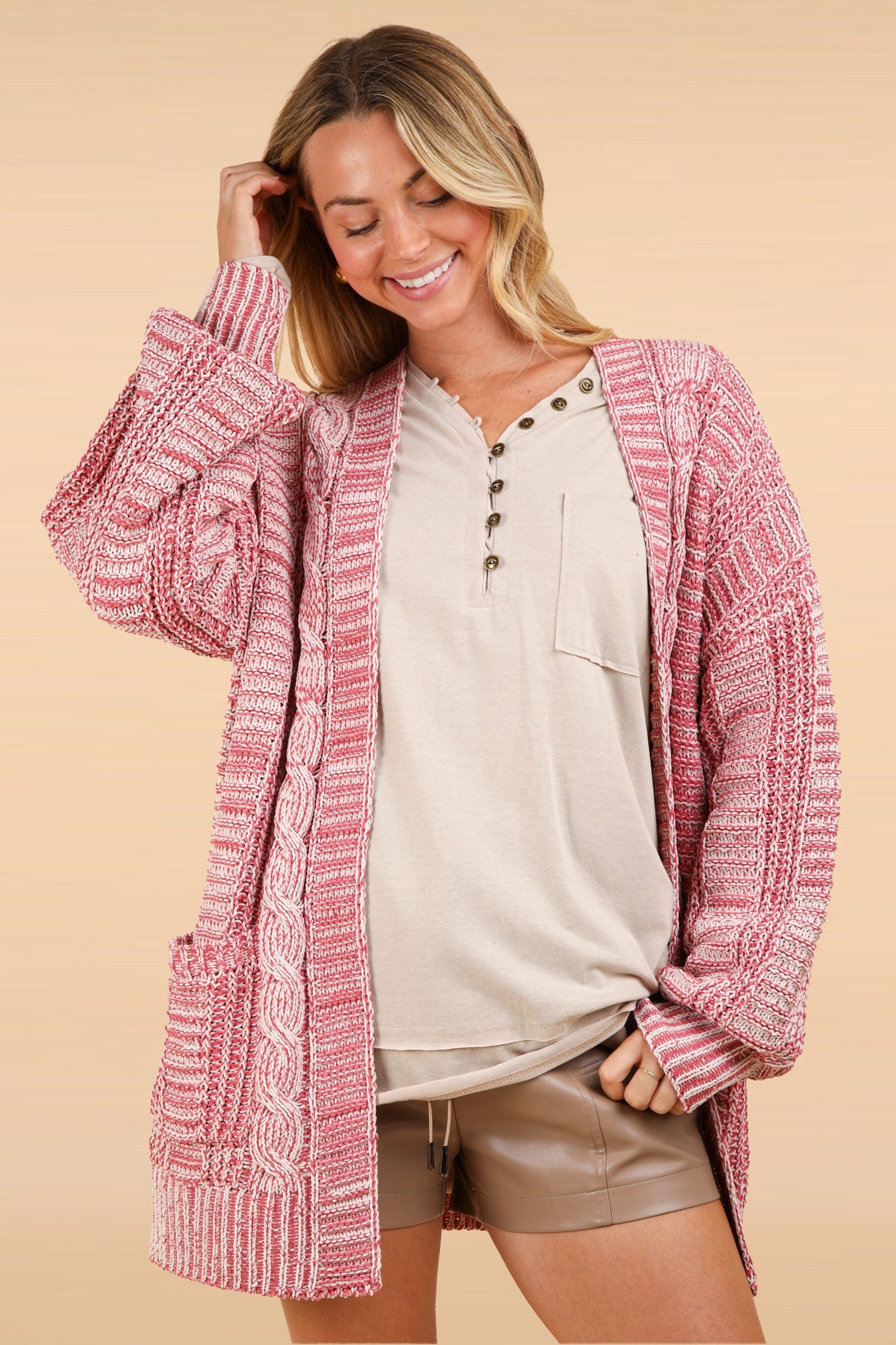 VERY J Cable Knit Open Front Cardigan in Brick color