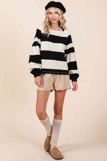 Mittoshop Black & Ivory Striped Snap Shoulder Sweater