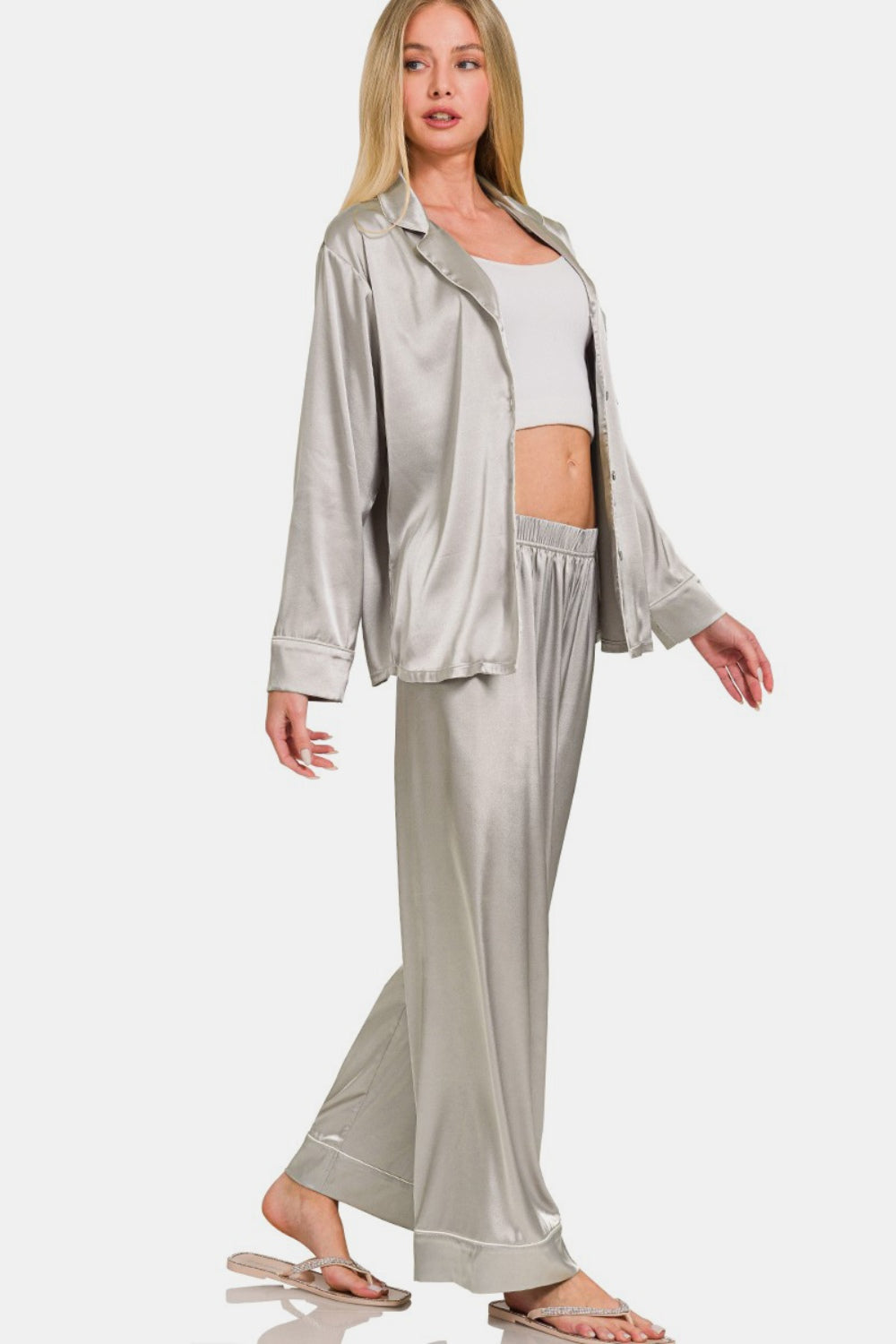 ZENANA 2 Piece Silver Pajama Set with Satin Long Sleeve Shirt and Pants