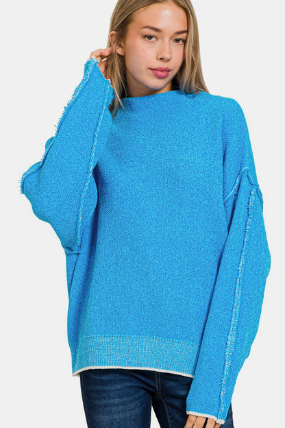 ZENANA Exposed Seam Mock Neck Long Sleeve Sweater