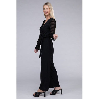 NUVI APPAREL Sheer sleeve and Wide leg Jumpsuit