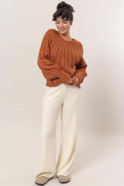 HYFVE Cable-Knit Round Neck Raglan Sleeve Sweater in Color Rust