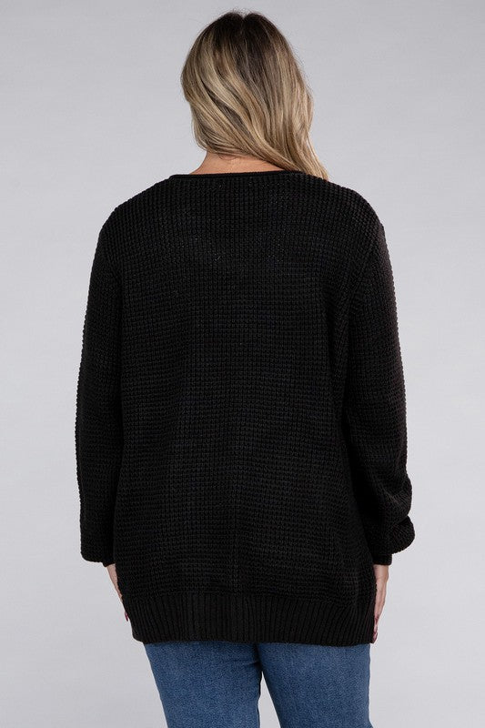 ZENANA Plus Low Gauge Waffle Open Cardigan Sweater