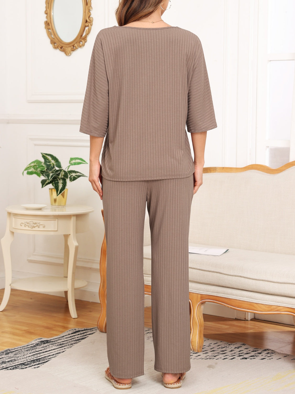 A&D Ribbed Half Sleeve Top and Pocketed Pants Lounge Set