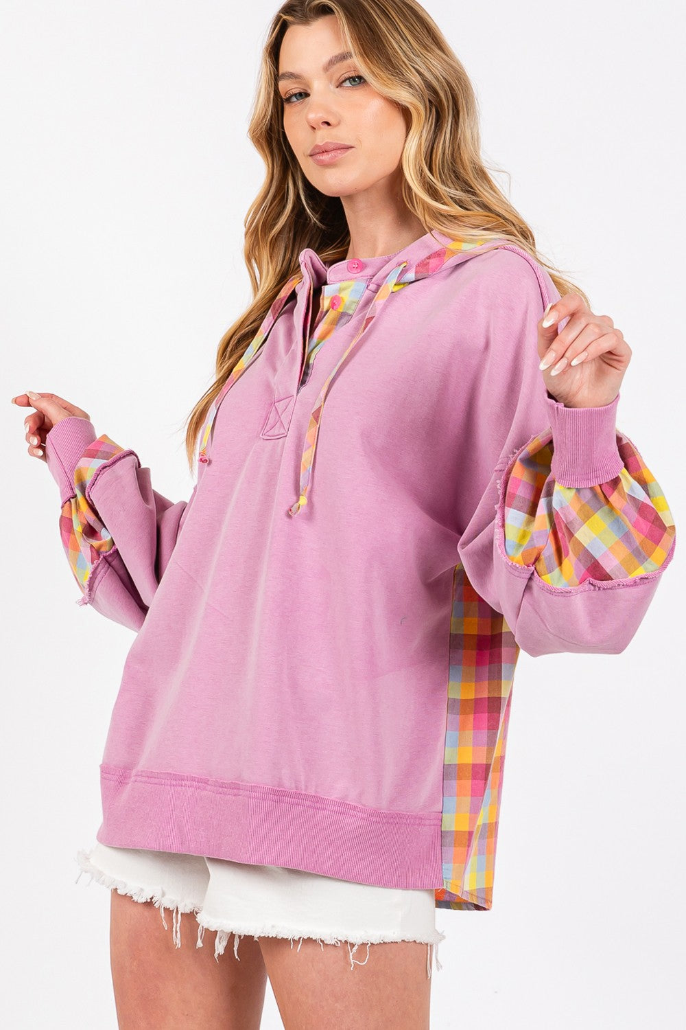 SAGE + FIG Lilac Full Size Plaid Print Washed Hoodie