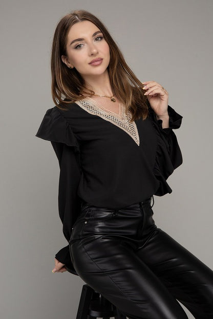 NUVI APPAREL V-Neckline Lace Trim Long Sleeve Blouse