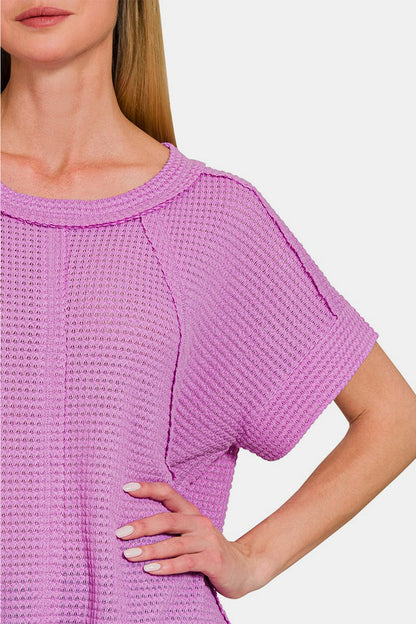 ZENANA Lavender Short Sleeves Waffle Knit Top with Exposed-Seam