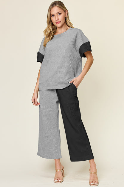 DOUBLE TAKE Full Size Texture Contrast T-Shirt and Wide Leg Pants Set