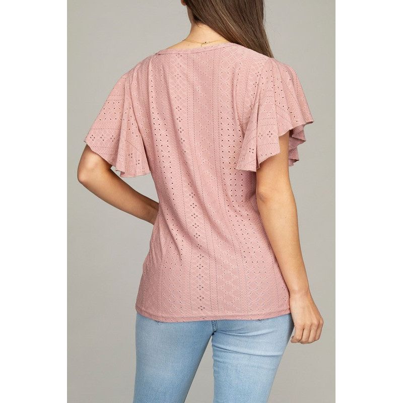 Embroidered eyelet top with wing sleeve