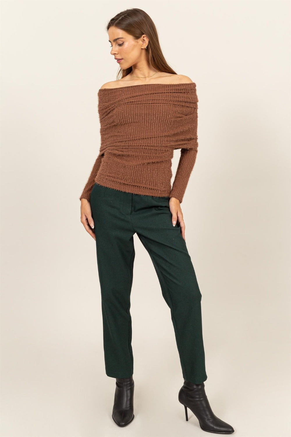 HYFVE Brown Fuzzy Off-the-Shoulder Textured Knit Top