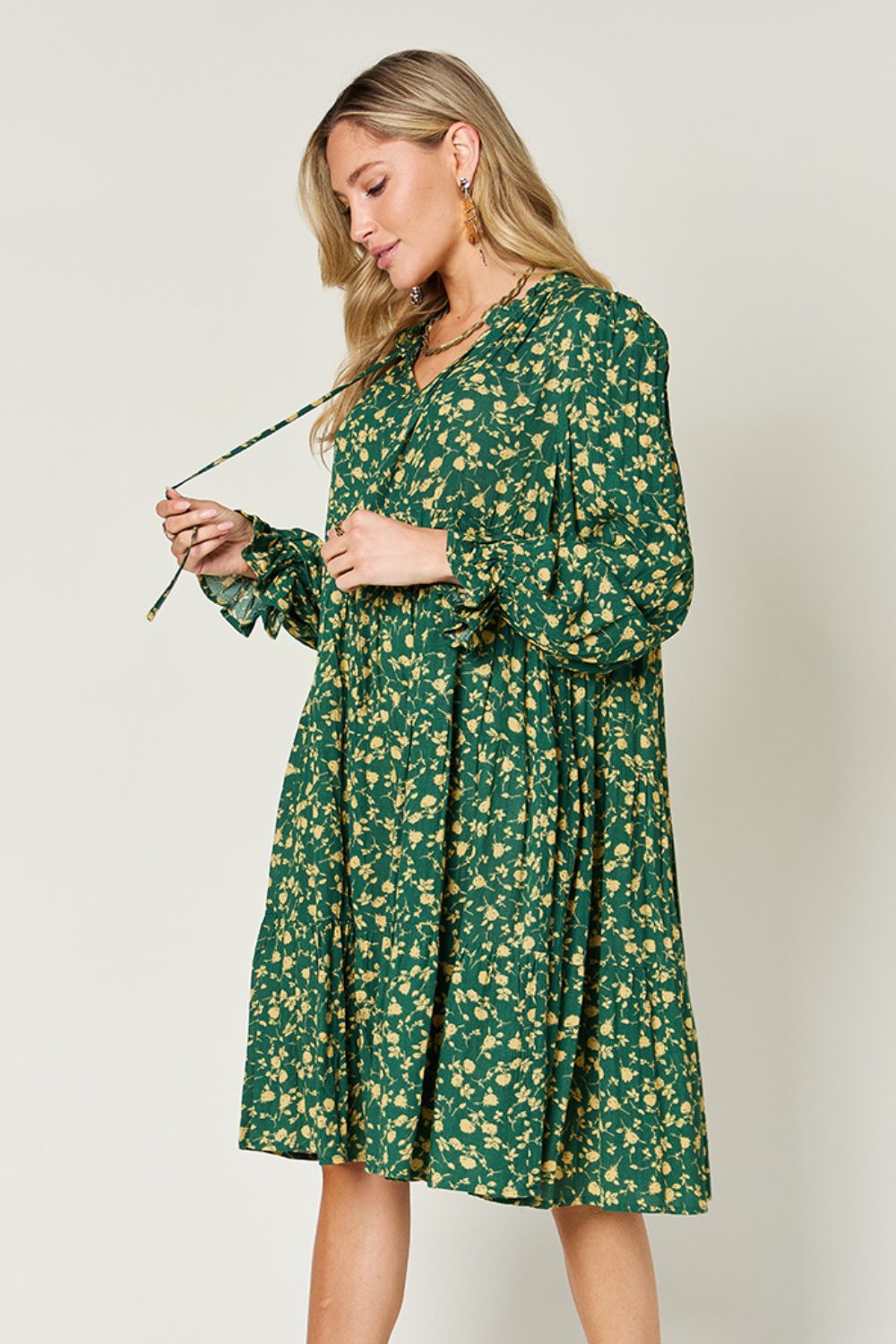 DOUBLE TAKE Full Size Printed Ruffle Hem Long Sleeve Dress