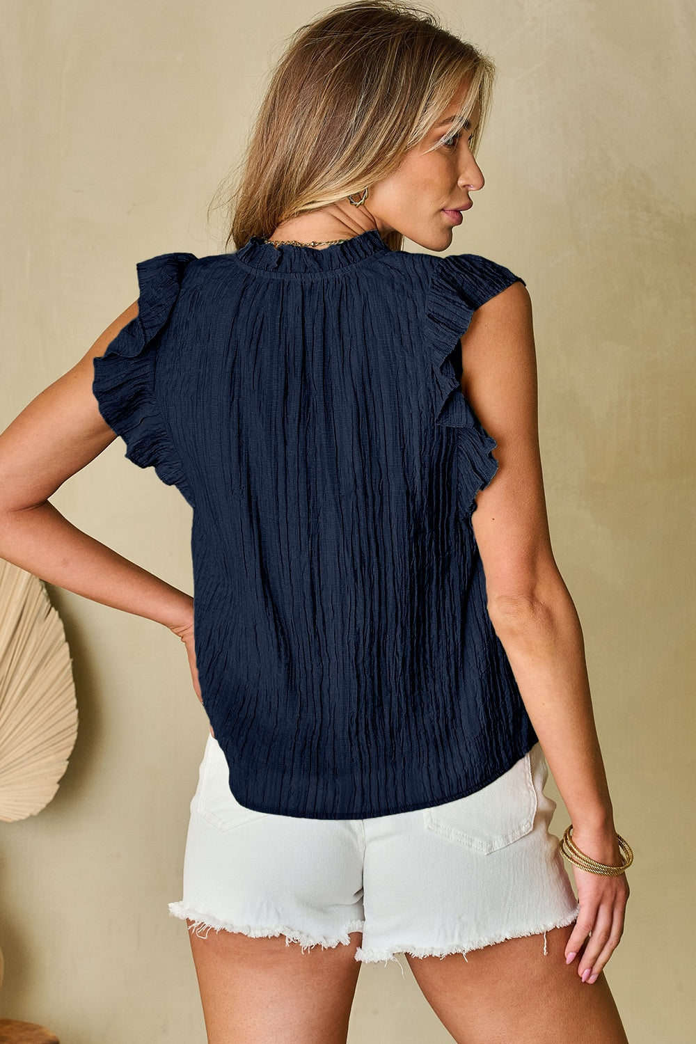 Casual Dark Navy Ruffled Tie Neck Cap Sleeve Top