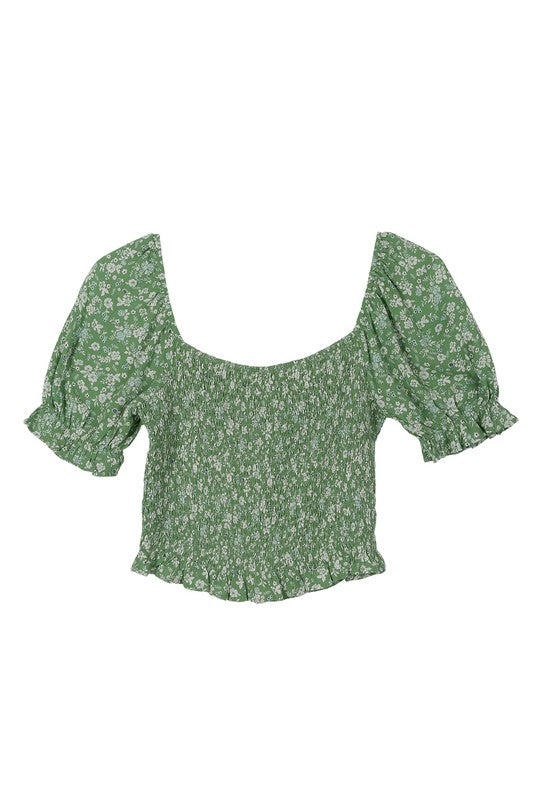 LILOU Green Floral Puffed-sleeves Smocked Top