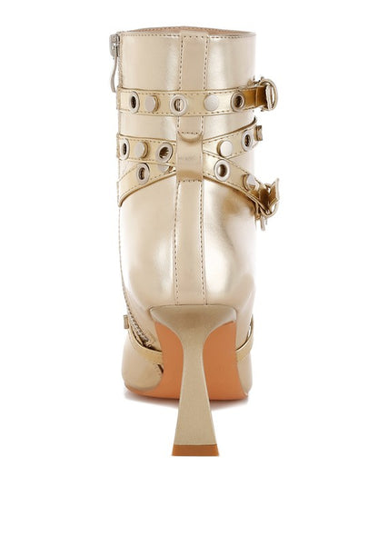 RAG & Co. Gold Metallic Ankle Heels Boot with Jaunts Eyelets & Studs Harness