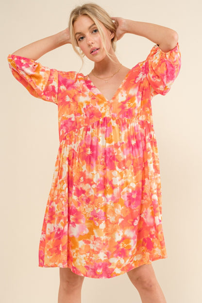 AND THE WHY Casual Full Size Orange Multi Floral Print V-neck Dress with Long Balloon Sleeves