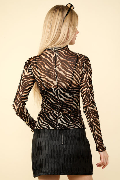 VERY J. Black Zebra Print Mock Neck Sheer Mesh Top