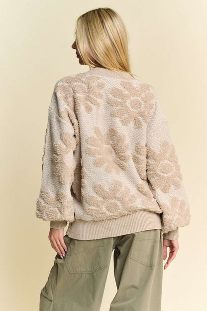 Davi & Dani Women's Beige Flower Texture Dropped Shoulders Sweater with Round Neck