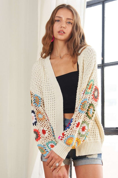 ADORA Women's Ivory Full Size Contrast Crochet Open Front Long Sleeve Cardigan