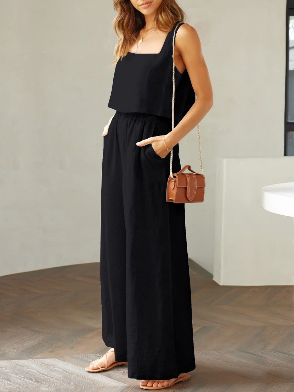 Stylish 2 Piece Square Neck Top and Wide Leg Pants Set