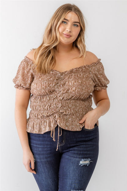 ZENOBIA Plus Size Frill Ruched Off-Shoulder Short Sleeve Blouse